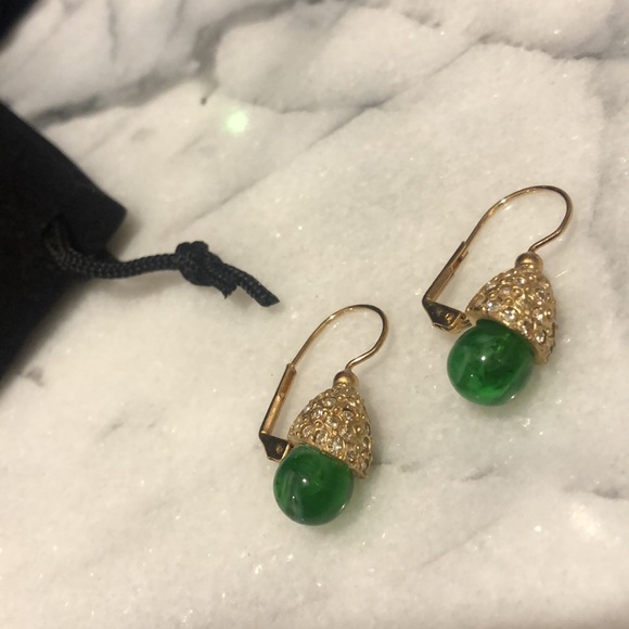 Emerald Green Round Bead with Pavé Crystal Cap Euro Wire Earrings-Boutique - Picture 7 of 8
